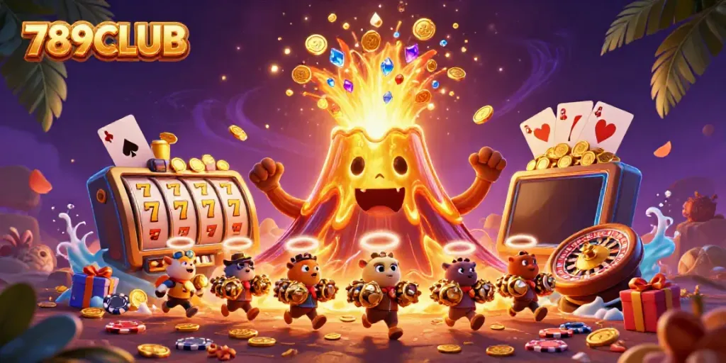 Engage in a thrilling gaming experience at 789CLUB with vibrant treasures erupting from a golden volcano.