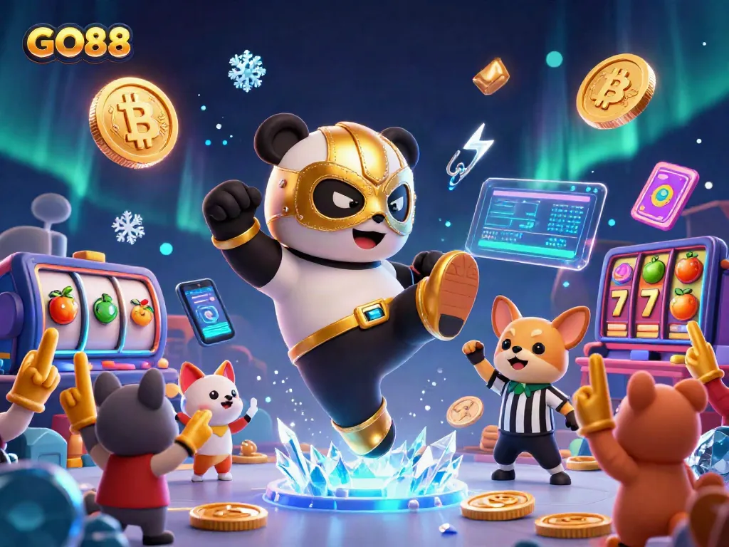 Experience GO88's thrilling slots action with our vibrant 3D illustration featuring panda wrestlers and digital currency.