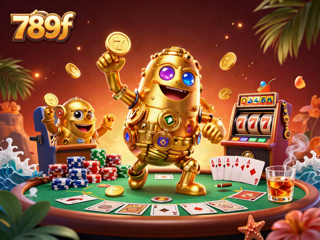 Spin and win with 789f's vibrant casino action featuring a golden golem and poker elements.