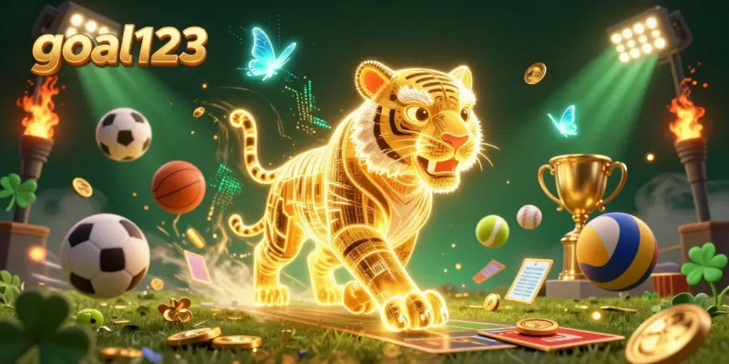 Engage with goal123 through a vibrant digital casino scene featuring a neon tiger and sports elements.