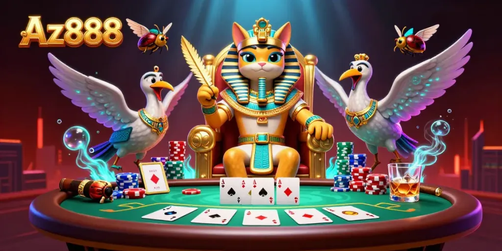 Experience Az888's thrilling poker scene with Egyptian cat and dynamic casino elements.