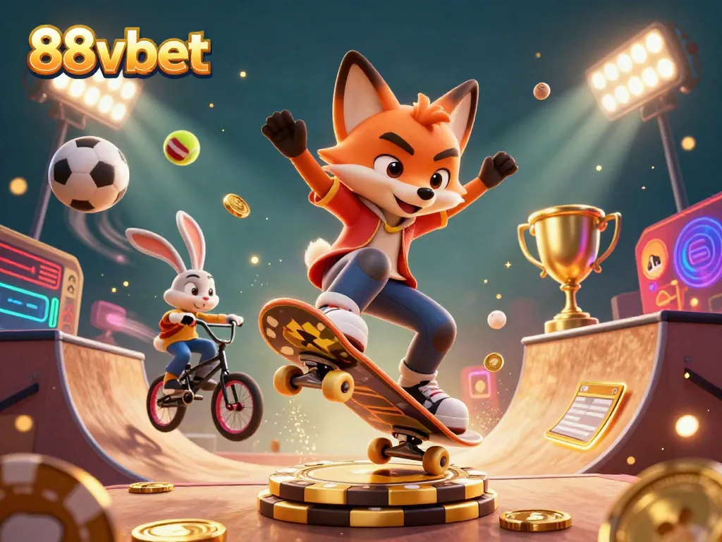 Engaging scene of casino excitement featuring 88vbet in a dynamic illustrated setting of action sports
