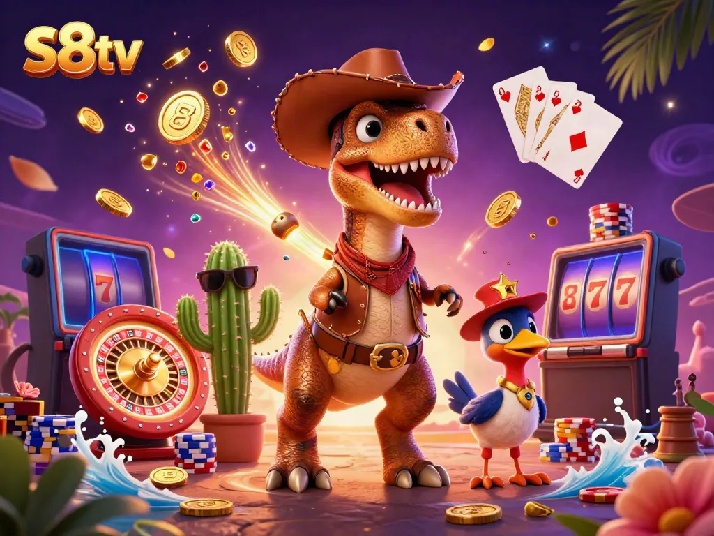 Engage with S8tv while enjoying a vibrant casino scene featuring a cowboy dinosaur surrounded by dynamic gaming elements.