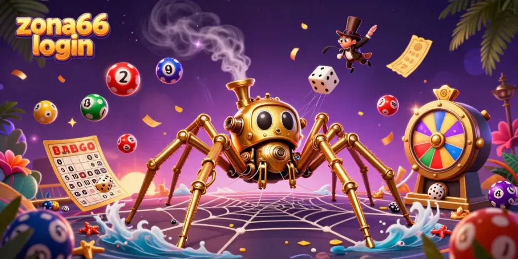 Join the excitement with zona66 login amidst a vibrant 3D casino scene full of dynamic gaming elements.