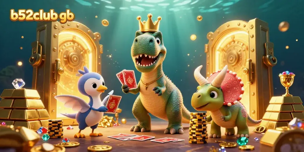 Engage with the thrilling world of b52club gb as a cartoon T-Rex shuffles cards surrounded by gold treasures.