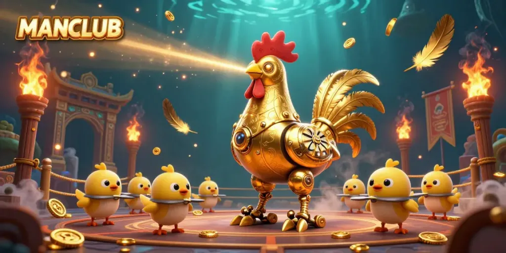Engage in thrilling action with MANCLUB's golden rooster robot and baby chick drones in a vibrant casino scene.
