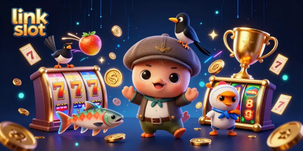 Engage with link slot gameplay featuring cartoon characters and dynamic casino elements in a vibrant scene.