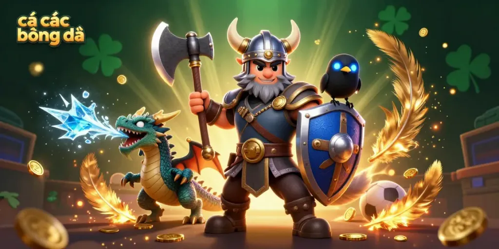 Engage in cá cược bóng đá with a Viking warrior, dragon, and raven in an explosive betting scene.