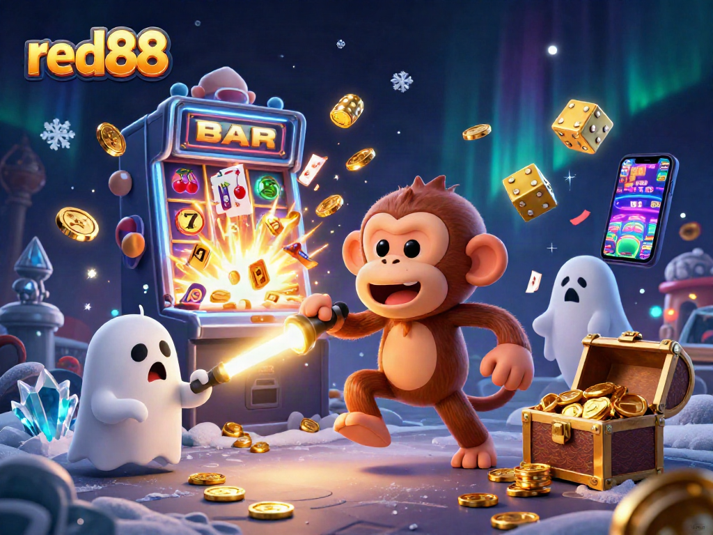 Experience the thrill of red88 casino as a mischievous poltergeist monkey juggles golden tokens in a lively haunted atmosphere.