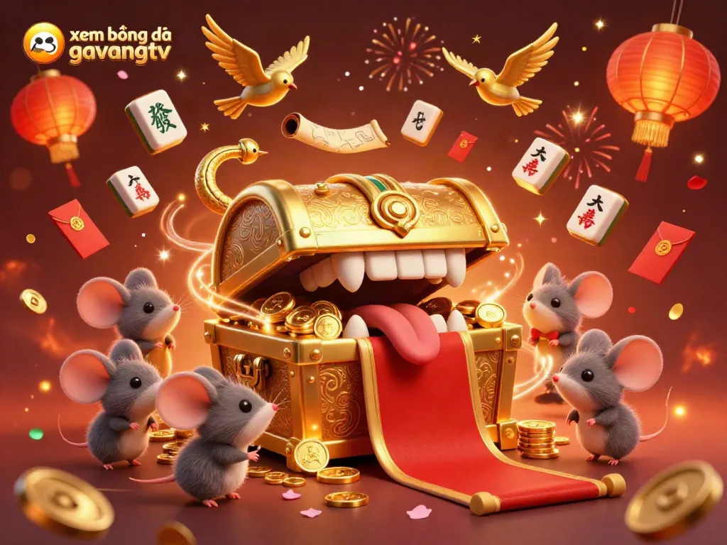 Experience xem bóng đá gavangtv with vibrant 3D cartoon characters, golden treasures, and dynamic action elements.