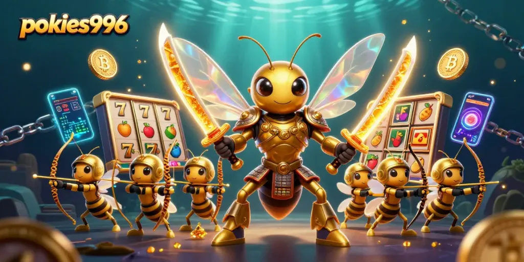 Experience pokies996 adventure with a golden hornet and vibrant casino elements.