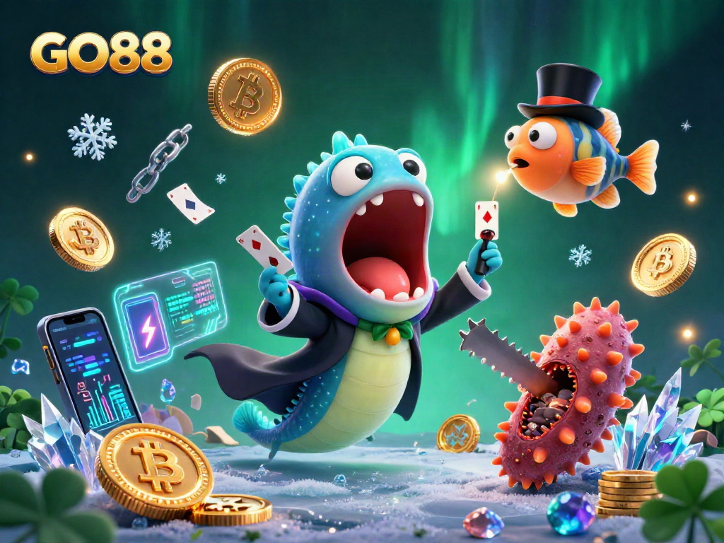 Join the GO88 action with a magical card trick performance amid vibrant crypto elements and casino excitement.