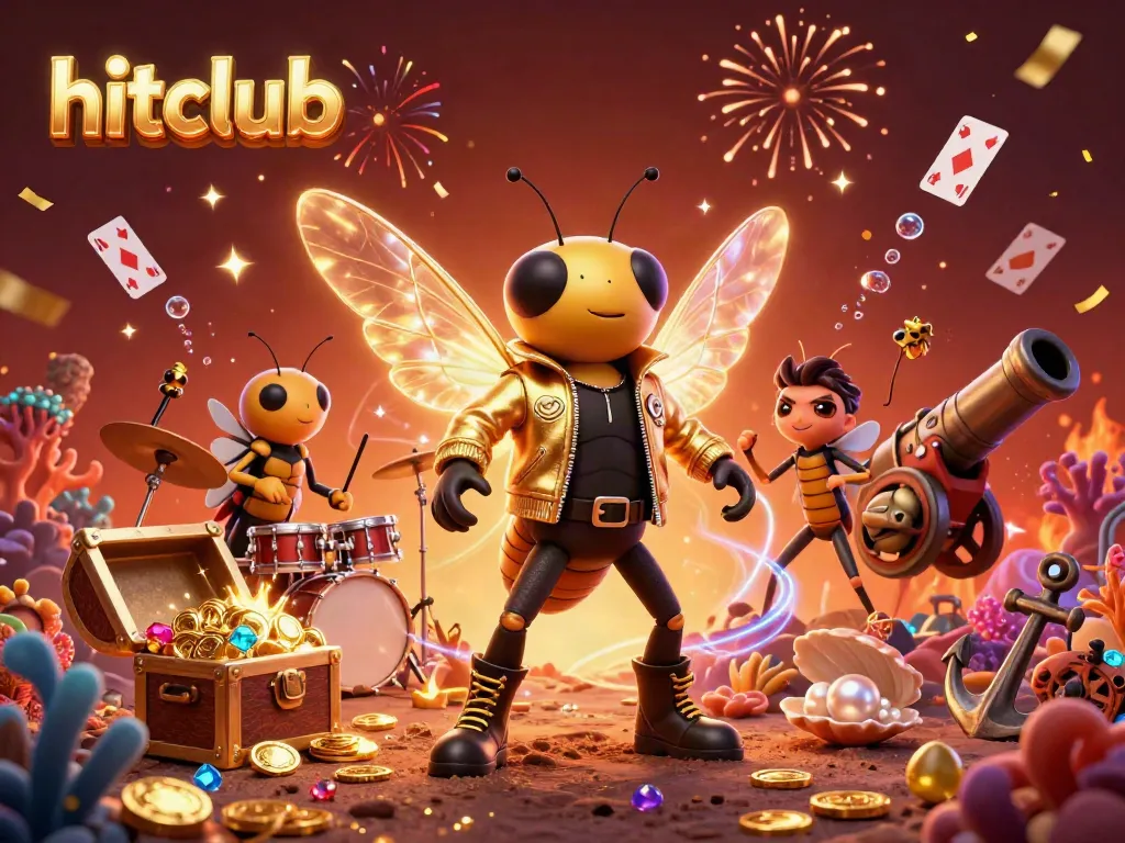 Engage with hitclub's exciting casino atmosphere illustrated by a cartoon cicada rock star amidst treasures and vibrant energy.