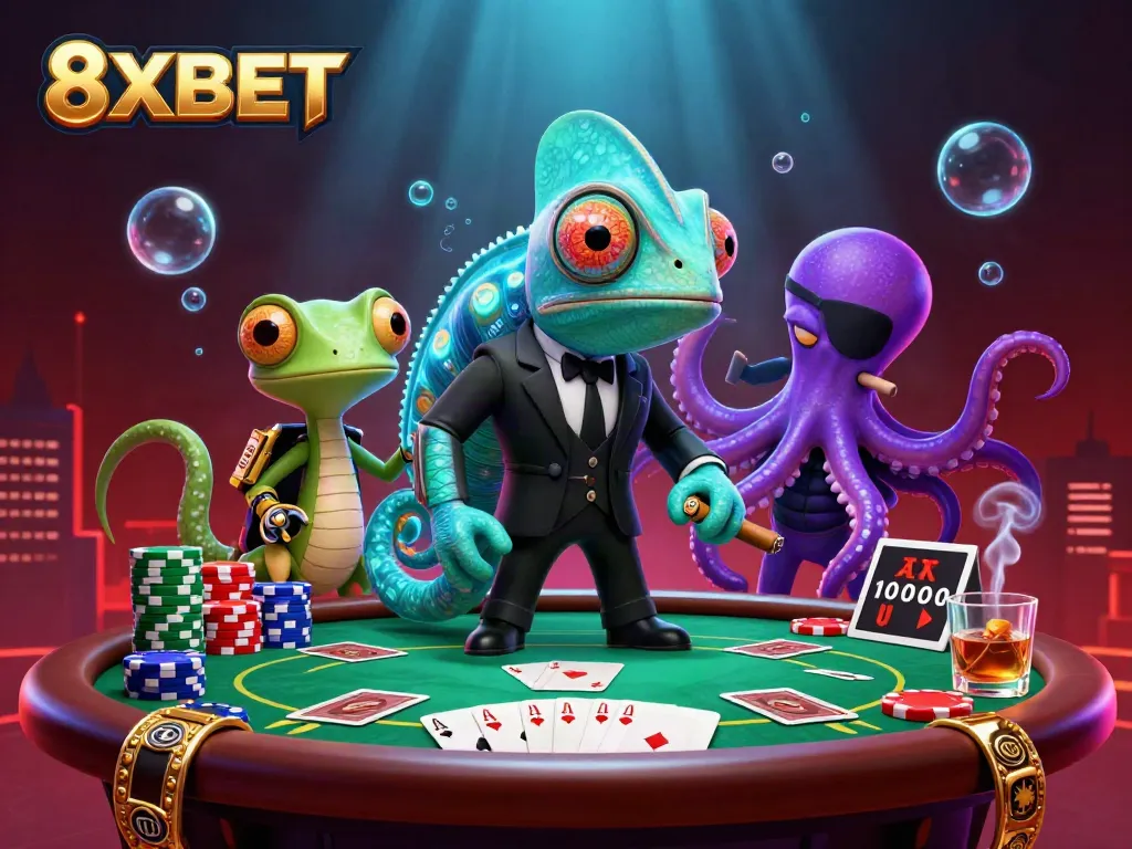 Experience thrilling 8XBET action with dynamic poker gameplay featuring vibrant characters and elements.