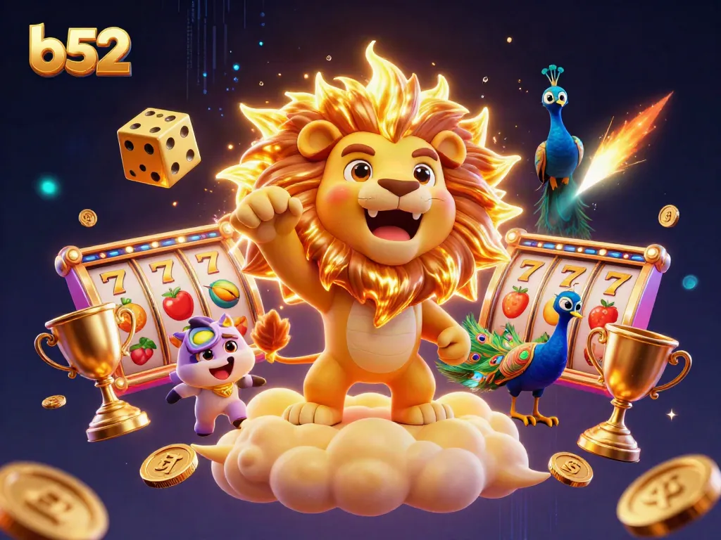Experience thrilling wins with b52 in a vibrant 3D casino scene featuring slot reels and golden trophies.