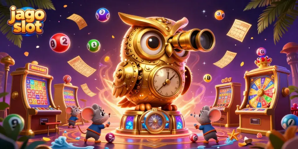 Menyaksikan jago slot dengan karakter kartun di kasino yang penuh warna dan elemen perjudian.