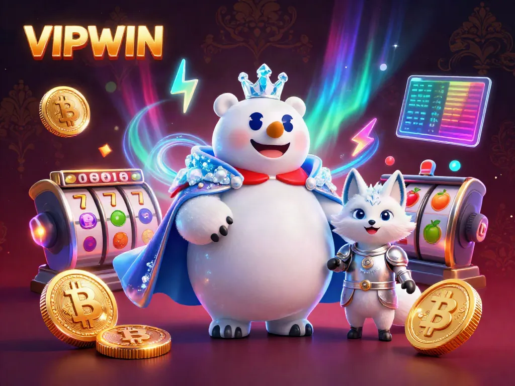 Experience thrilling games at VIPWIN, featuring vibrant slot action with a cartoon bear and fox in an exciting casino atmosphere.
