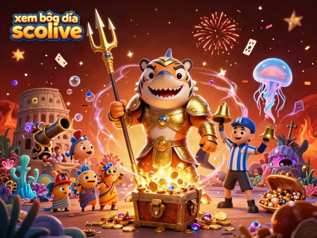 Engage in the excitement of xem bóng đá socolive with a high-stakes underwater colosseum scene featuring a tiger shark champion.