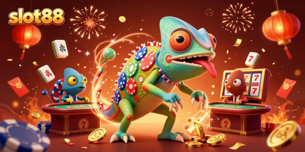 Permainan slot88 dengan karakter chameleon kasir yang unik dan elemen slot menarik.