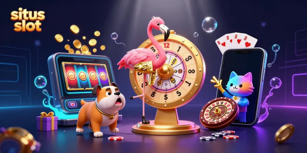 Menangkan situs slot dengan tampilan meriah yang berisikan simbol permainan dan karakter 3D.