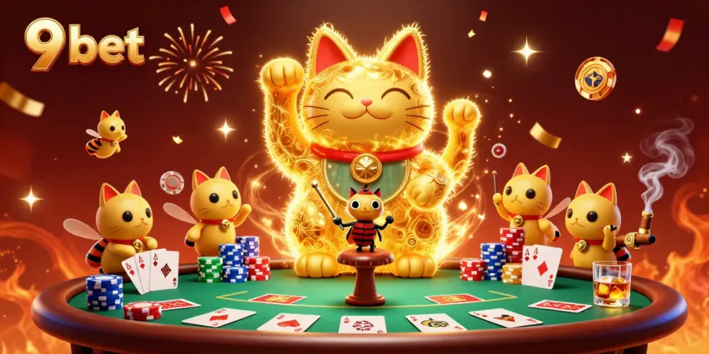 Experience vibrant gaming with the 9 bet lucky cat as fireflies at an animated casino.