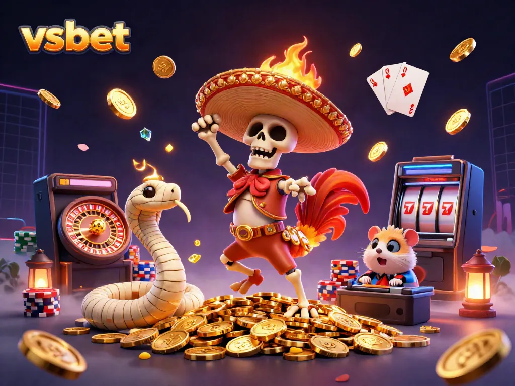 Experience the excitement at vsbet with a lively 3D illustration featuring a festive mariachi skeleton and captivating game elements.