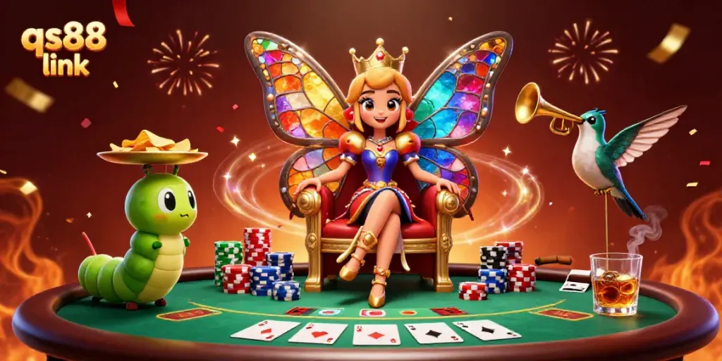 Experience exciting gameplay with QS88 link, featuring a butterfly queen and poker elements in action.