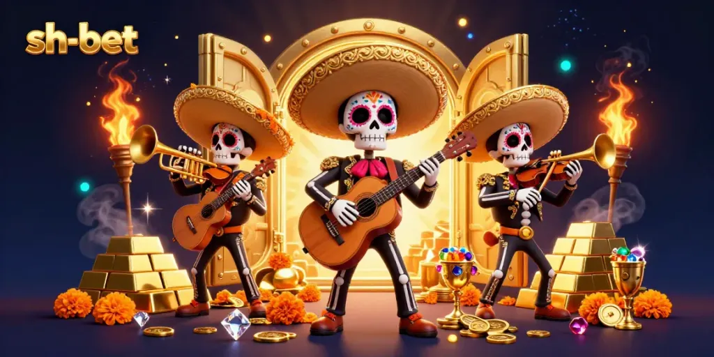 Experience the thrill of gaming with sh-bet through vibrant mariachis amidst a treasure vault.