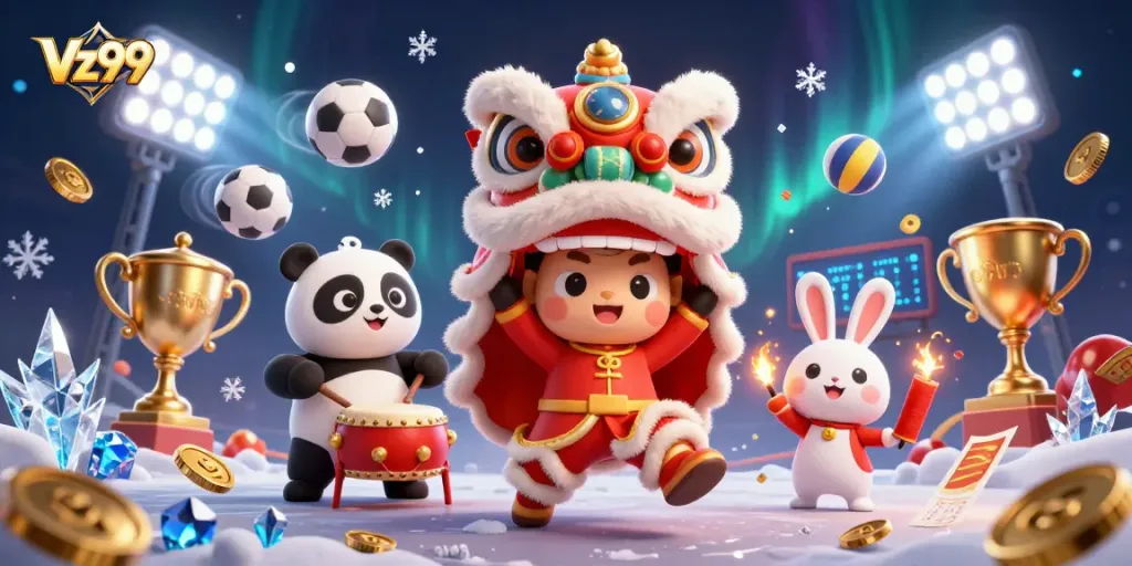 Participate in exciting Vz99 casino games with a lively lion dance scene and dynamic sports elements.