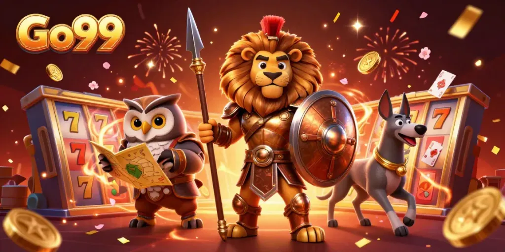 Experience the thrilling atmosphere of Go99 with casino characters amidst spinning slot reels, vibrant confetti, and festive energy.