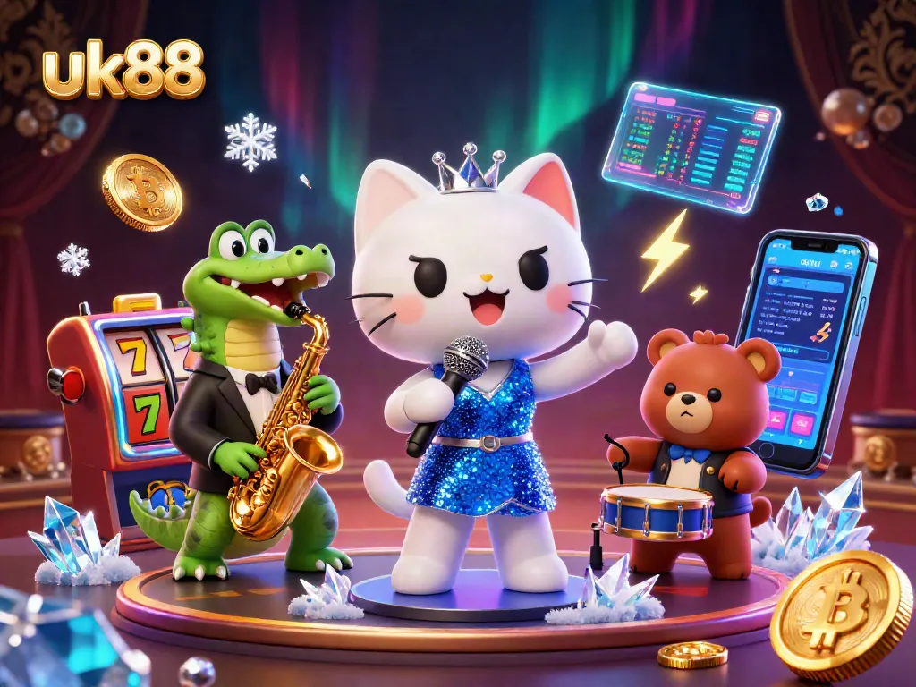 Experience thrilling gameplay at uk88 with a cat singer, croc saxophonist, and bear drummer amidst vibrant slot reels.