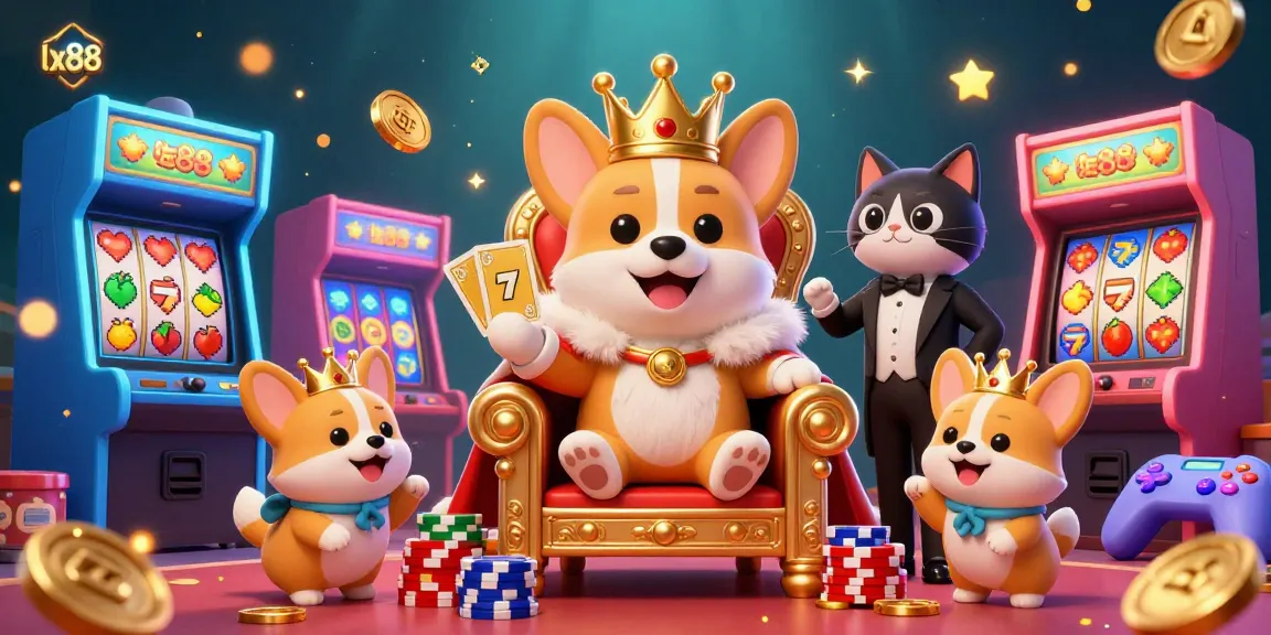 Experience the excitement of lx88 gaming with a royal corgi and vibrant casino elements in a dynamic 3D illustration.