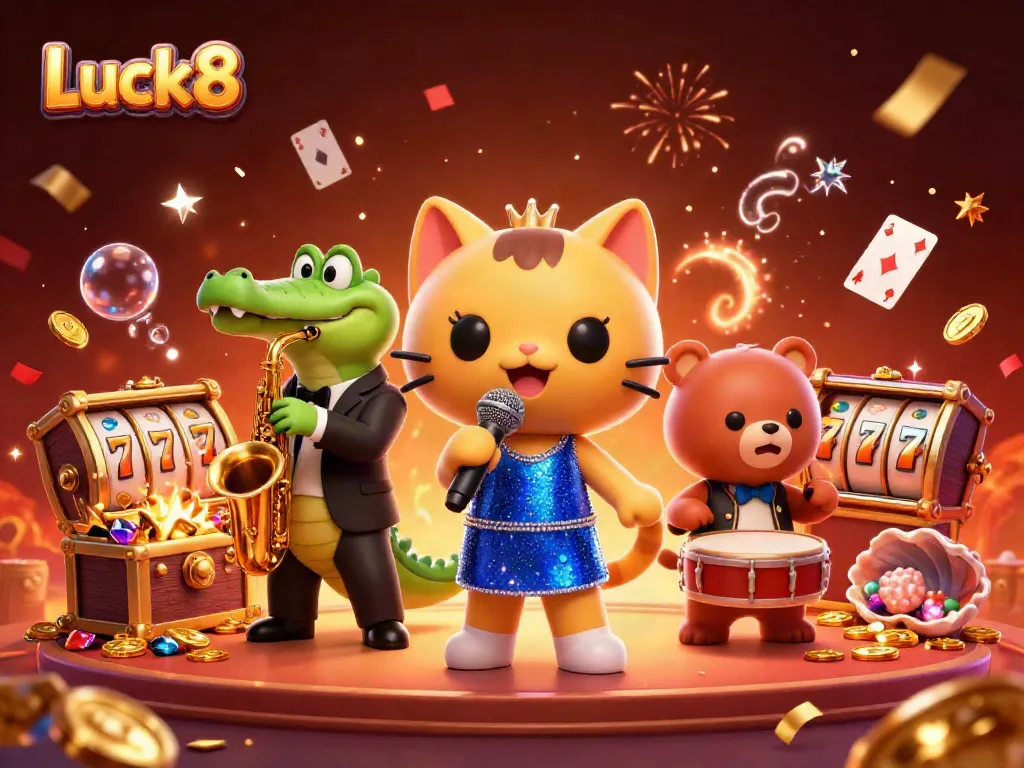 Experience the excitement of Luck8 with a vibrant 3D scene featuring a singing cat, saxophonist crocodile, and drummer bear in a casino setting.