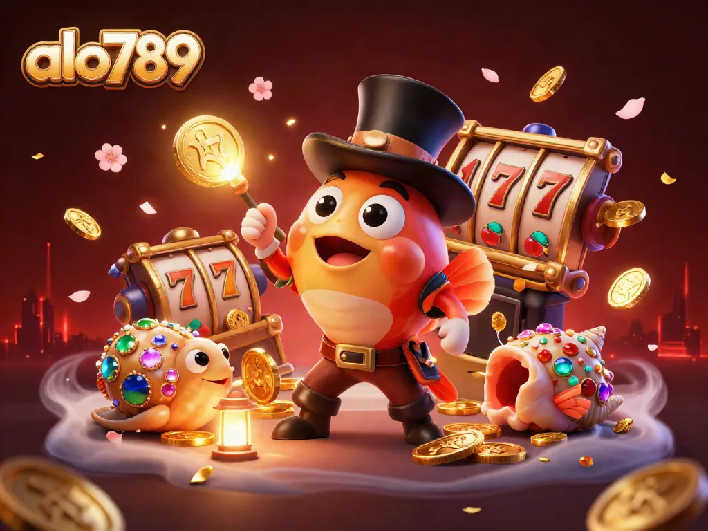 Engage in thrilling gameplay at alo789 with glowing coins, slot reels, and vibrant characters.