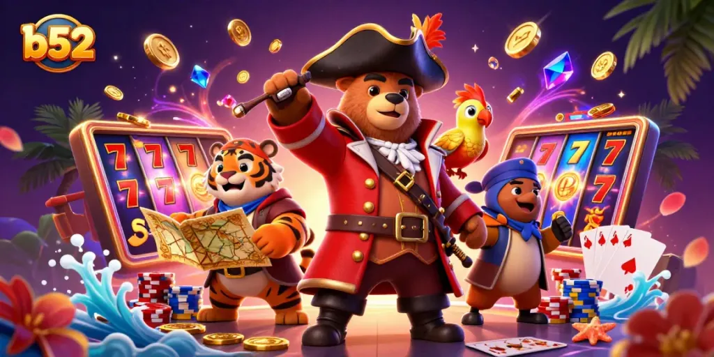 Experience thrilling b52 slots with cartoon pirate bear, tiger, and treasure elements.