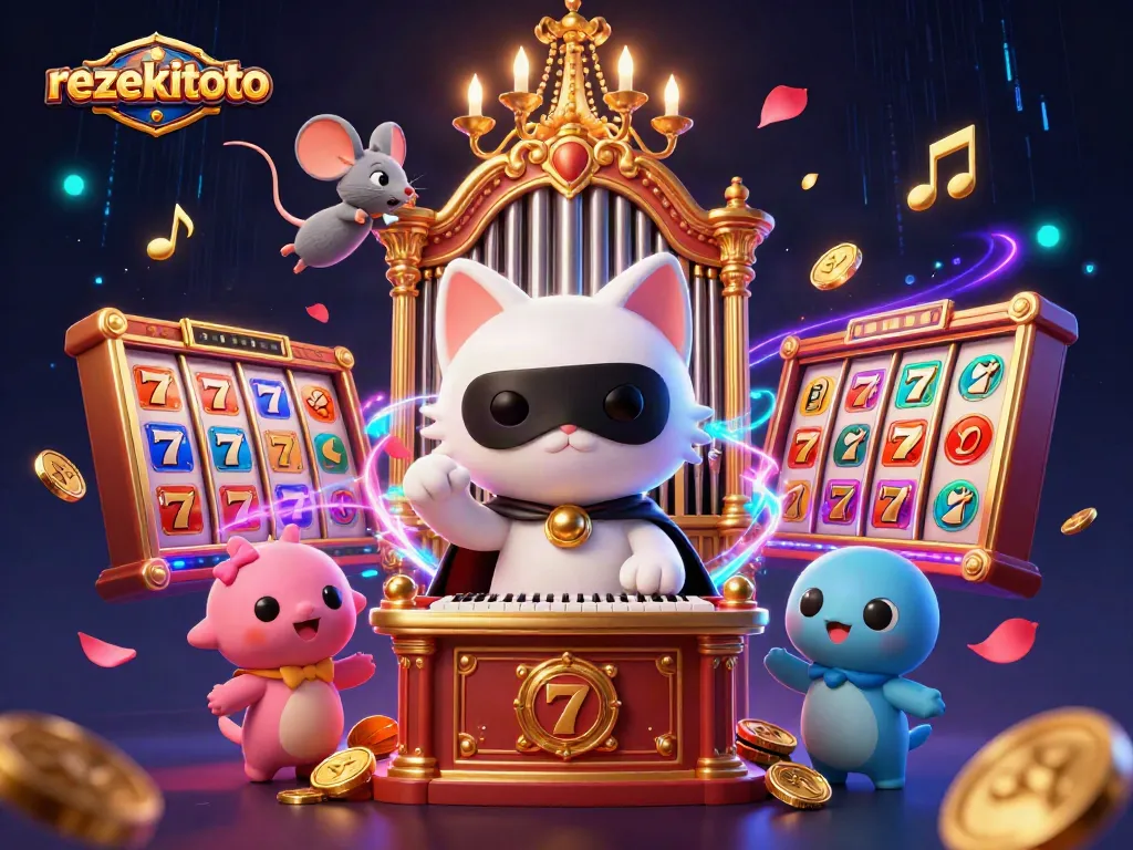 Engage with rezekitoto's thrilling slots adventure featuring a masked cat and exciting casino action.