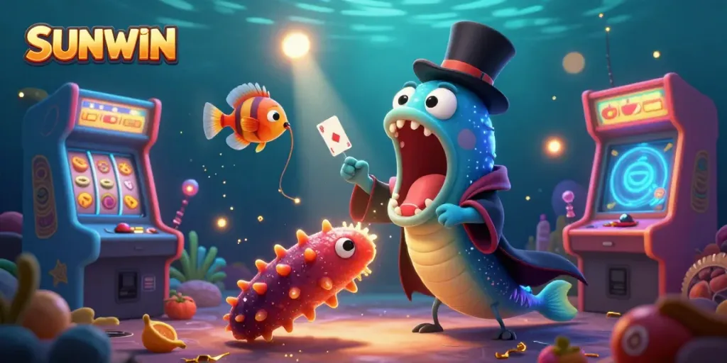 Engage in thrilling card tricks with SUNWIN's vibrant deep-sea characters in a magical casino scene.