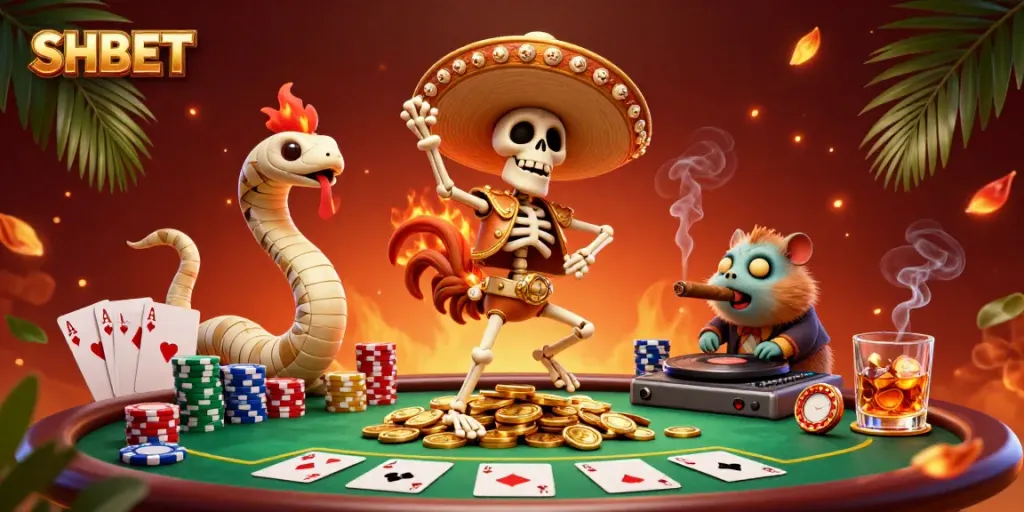Experience SHBET's vibrant casino scene with a mariachi rooster celebrating on golden coins amidst poker elements.