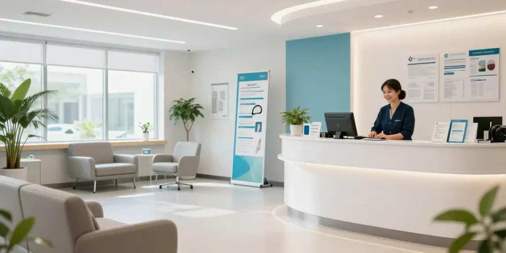 A friendly medical clinic reception area showcasing patient care, featuring modern layout and inviting environment linking to health services.