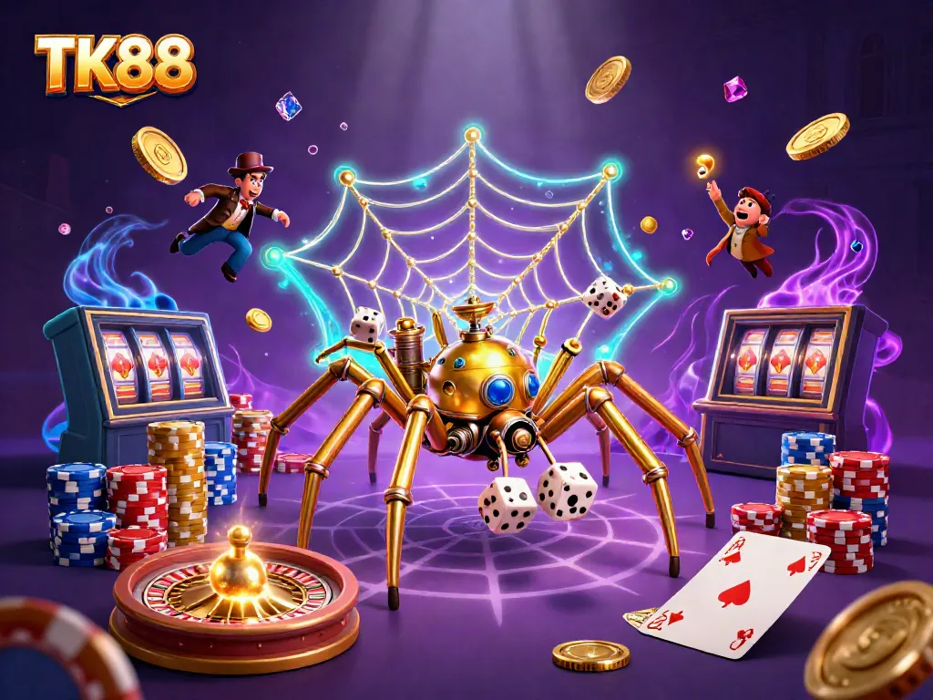 Experience thrilling gaming at TK88 with vibrant visuals of a steampunk spider weaving golden winnings.