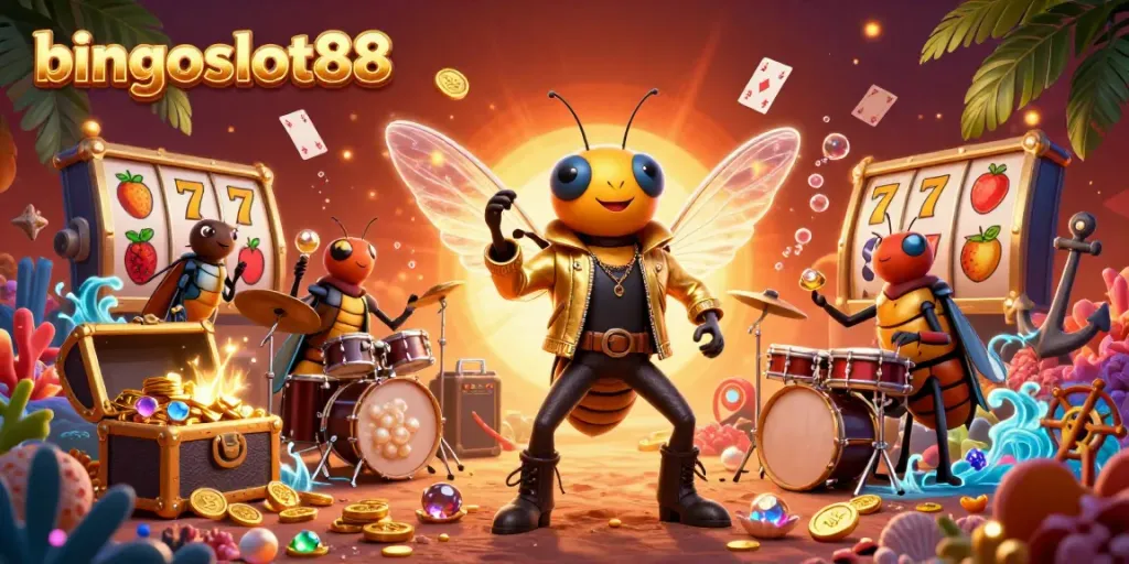 Rasakan keseruan bingoslot88 dengan cicada rock star beraksi di atas garputala slot yang dikelilingi harta karun.