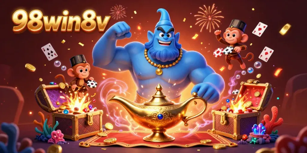 Experience the exciting magic of 98win8v with a blue genie and treasures in this vibrant scene.