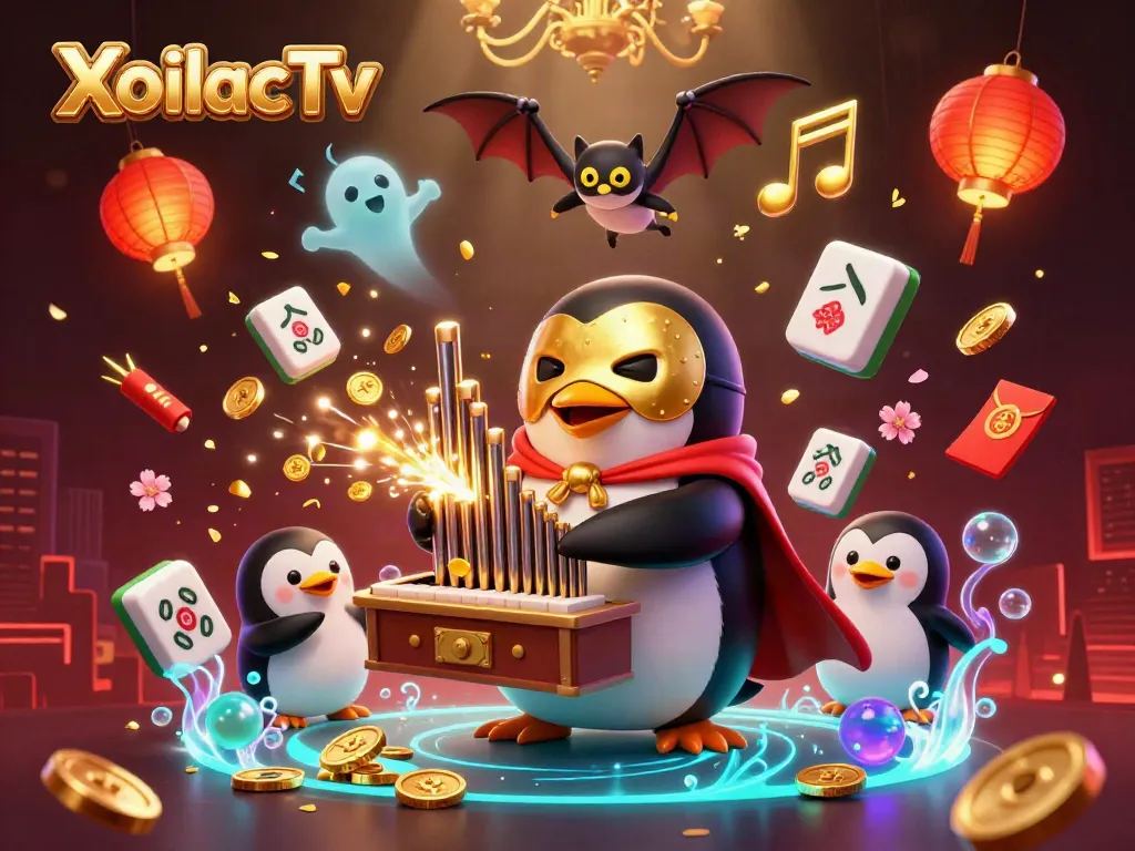 XoilacTv showcases an engaging scene of a cartoon penguin playing an organ, symbolizing excitement in online gambling.