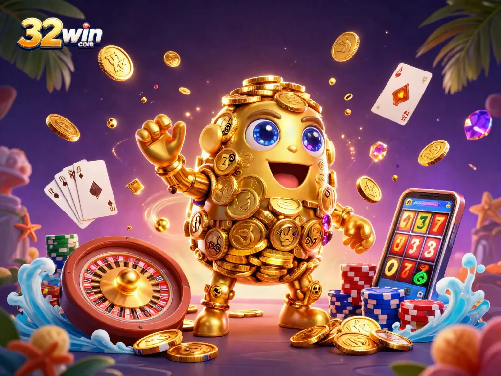 Experience the excitement of 32win com with a vibrant 3D casino illustration showcasing gold golems and dynamic slot games.