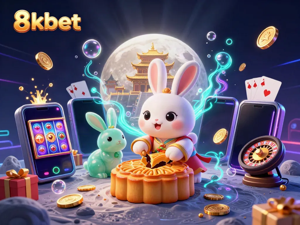 Experience the excitement of 8kbet with a vibrant 3D scene featuring a moon rabbit and casino elements.