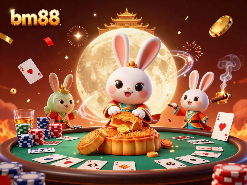 Experience the excitement of bm88 with a vibrant casino-themed illustration featuring a moon rabbit, poker elements, and celebration.