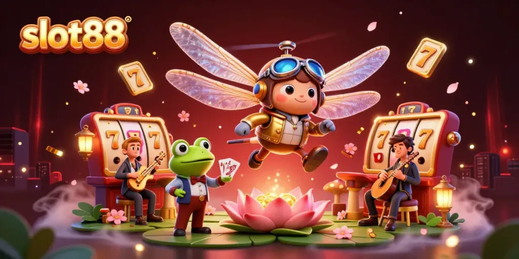 Slot88 menciptakan suasana kasino yang meriah dengan naga terbang di atas kasino teratai dan dealer kartu katak yang beraksi.