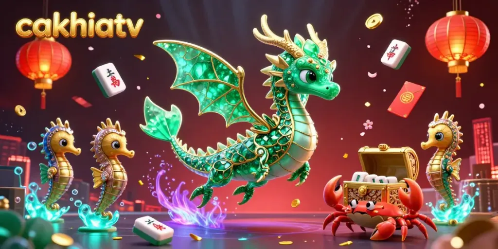 CakhiaTV showcases a vibrant 3D scene with an emerald sea dragon and gold accents, encapsulating the excitement of live gambling.