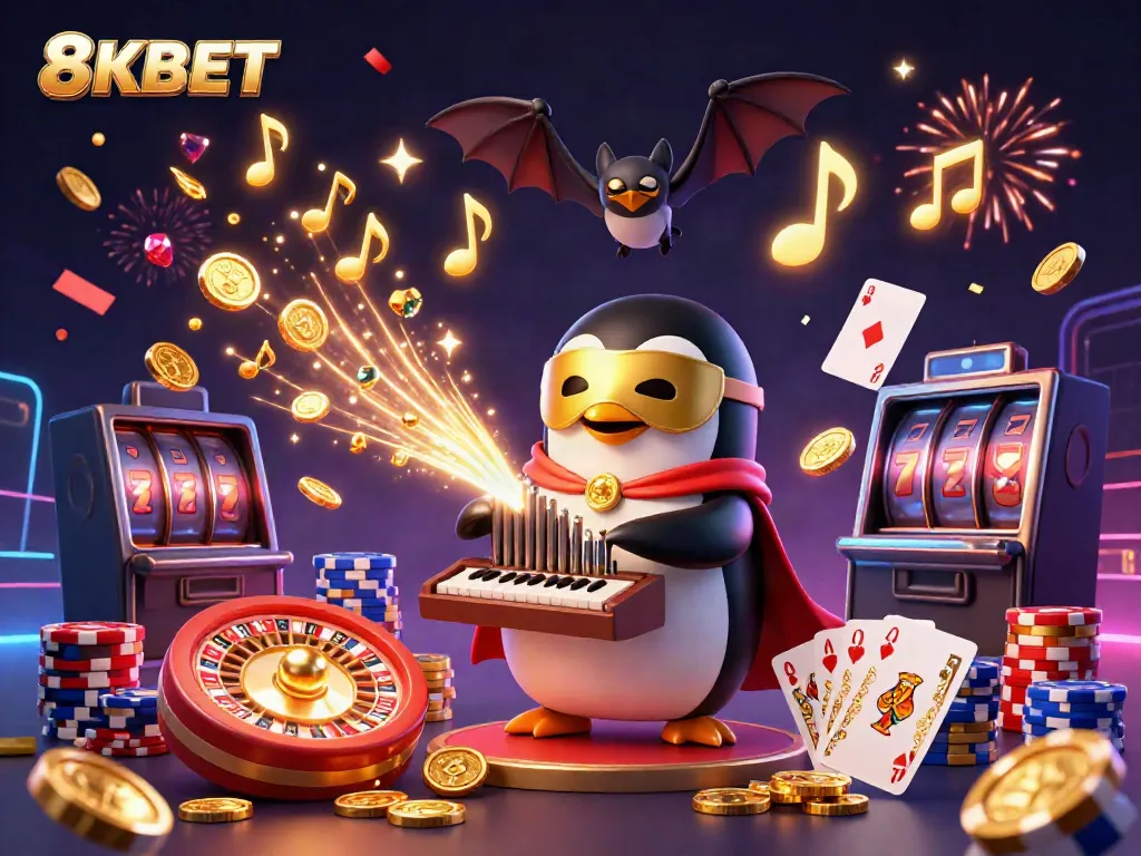 Experience excitement at 8KBET with vibrant golden coins and acrobatic action in this thrilling casino scene.