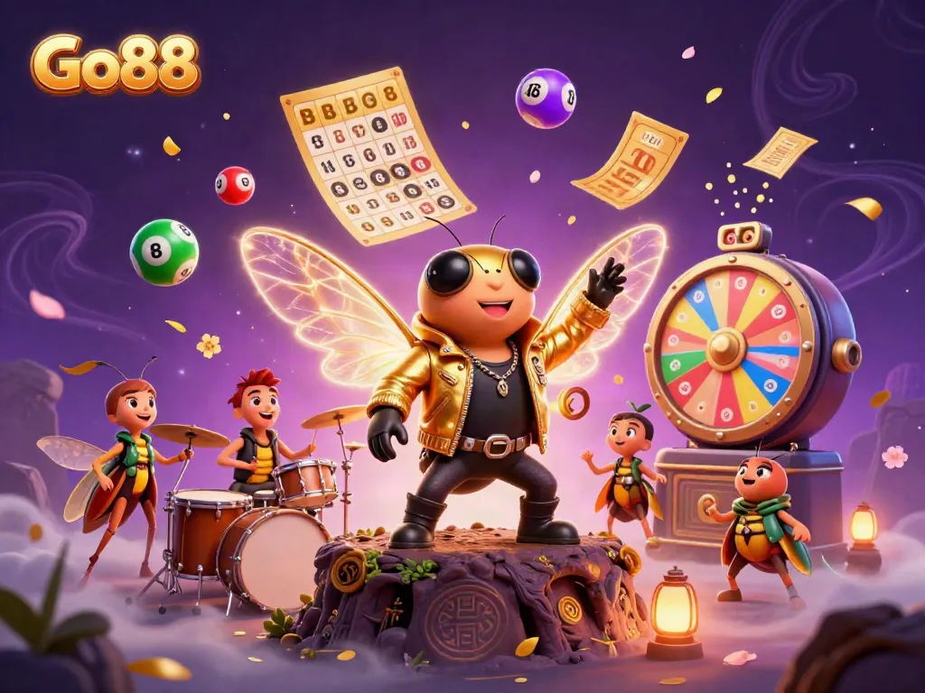 Engage with Go88 through a dynamic 3D scene of a rock star cicada and gaming elements.